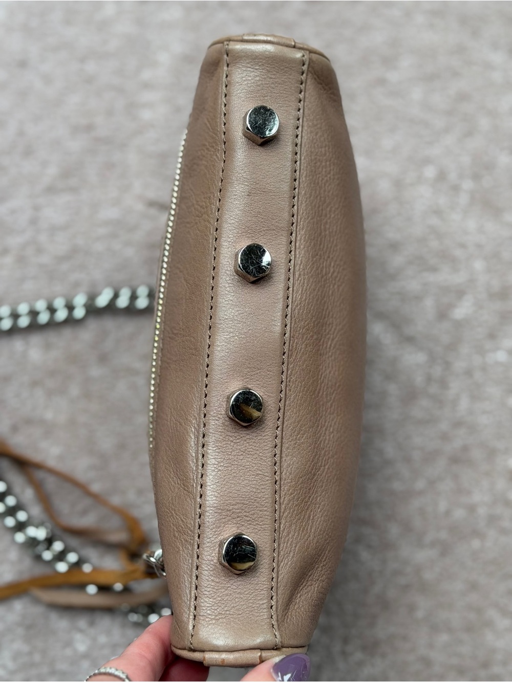 Rebecca Minkoff Shiny Mauve Pink Chain Crossbody Bag Studded Bottom Zipper - Picture 8 of 16